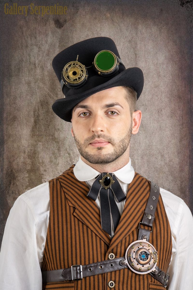 steampunk goggles on steampunk model wearing the Tan Outlaw Vest from genuine 1800s old wild west frontier menswear vest pattern