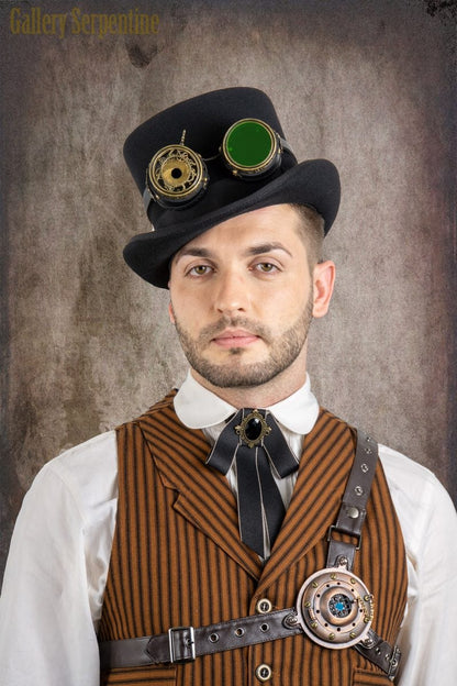 steampunk goggles on steampunk model wearing the Tan Outlaw Vest from genuine 1800s old wild west frontier menswear vest pattern