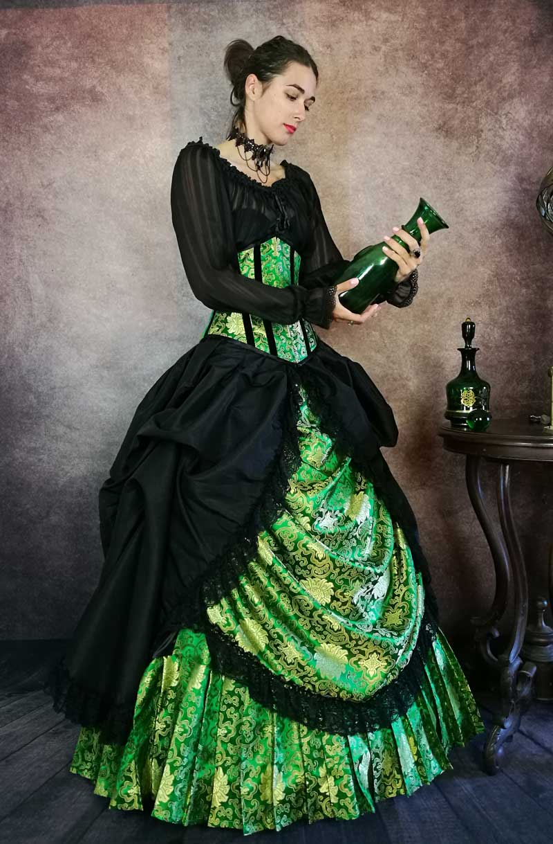victorian gothic corset gown in emerald toned brocade with black contrasts