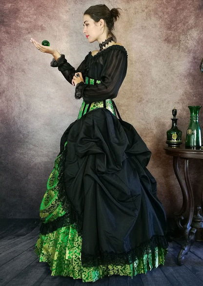 gothic victorian model wearing the Emerald Majestica gown set