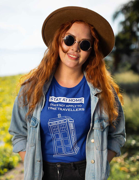 womens funny Tardis Dr Who themed meme tee worn by a long haired model in a field