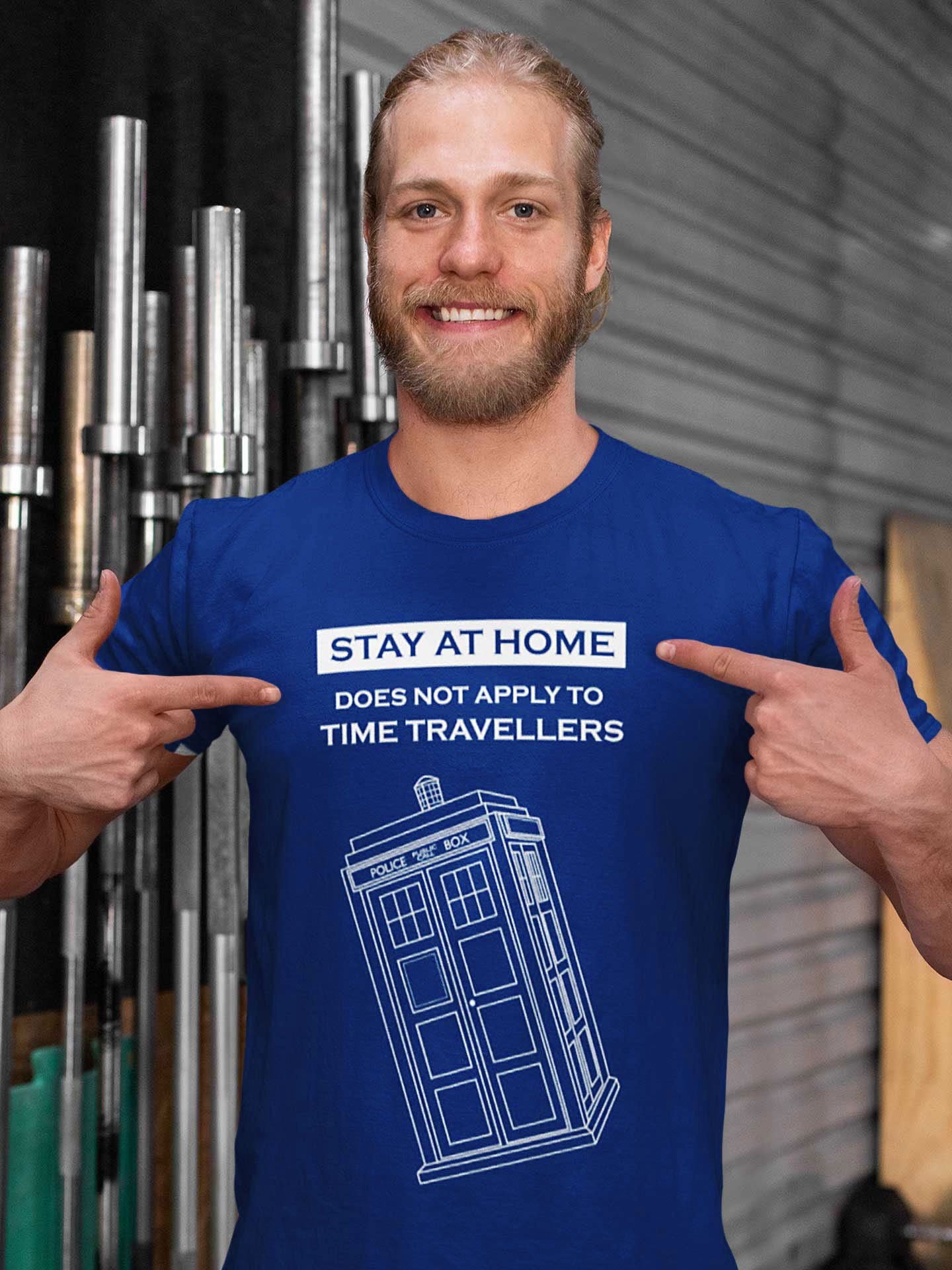 smiling blonde bearded man wearing a blue Time Traveller's funny meme tshirt
