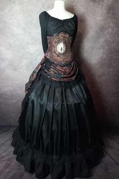 new custom designed fabric for a Steampunk Time clockwork and gears under bust corset gown at Gallery Serpentine