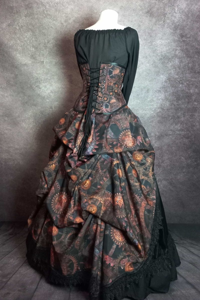 back of the Steampunk Time bustle skirt and under bust corset in copper brown tones