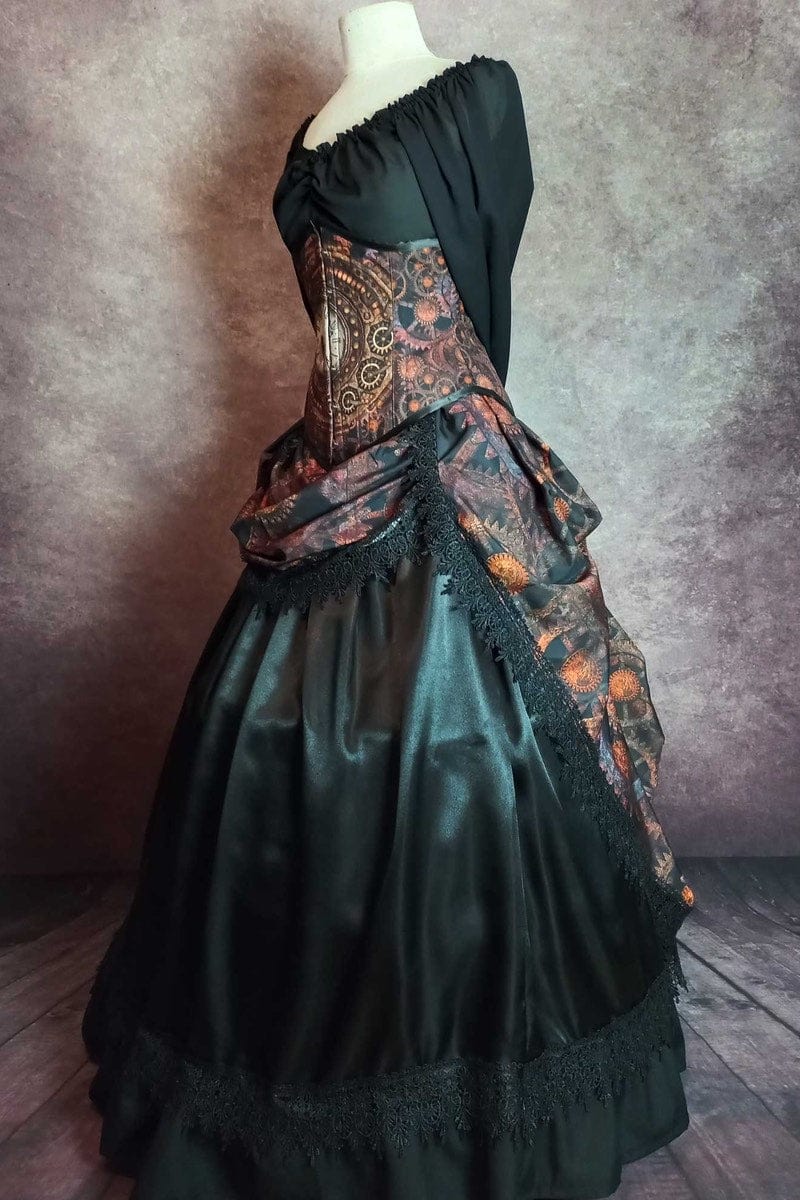front side view of the multi piece steampunk corset wedding dress at Gallery Serpentine