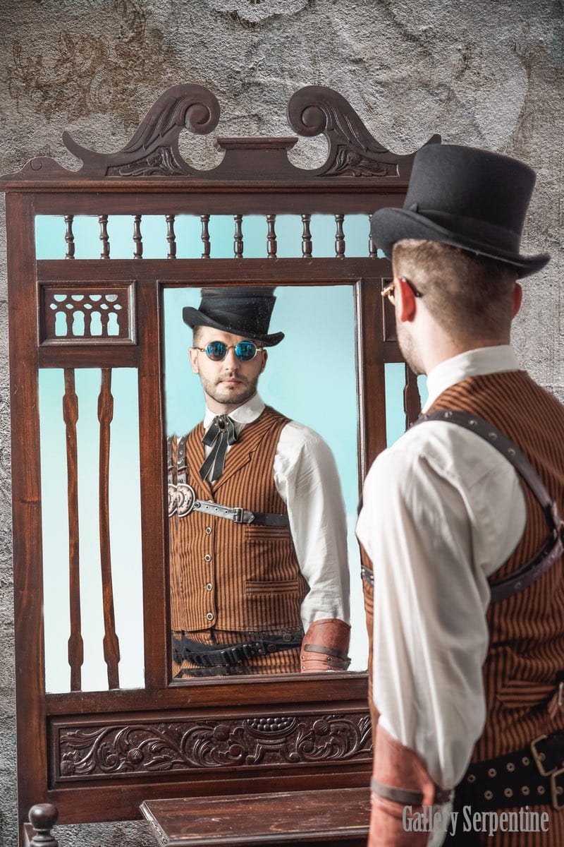 steampunk westworld styled shoot for the Tan Outlaw Vest from genuine 1800s old wild west frontier menswear vest pattern