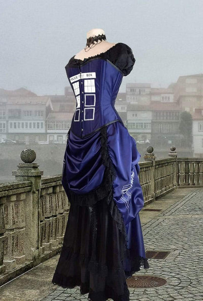front side view showing Police Box tardis print on the Police Box Blue Tardis corset gown victorian style made in Australia made to measure
