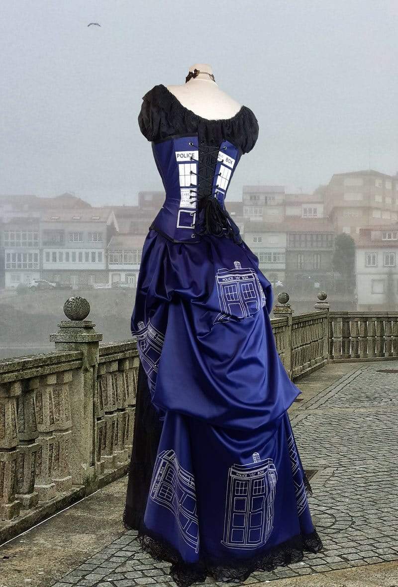 side back view of the Police Box Blue Tardis corset gown victorian style made in Australia made to measure