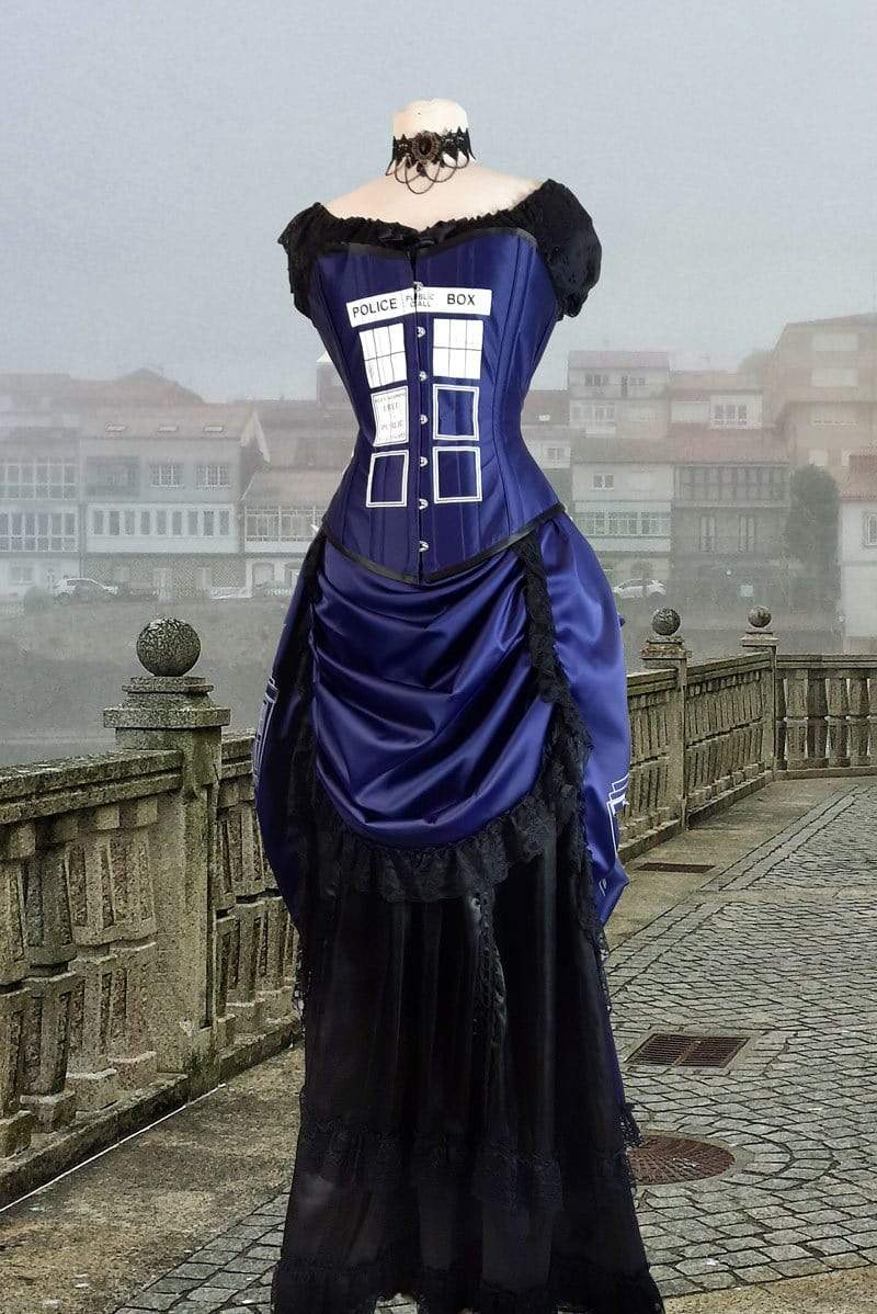 full front view on dressmakers form of the Police Box Blue Tardis corset gown victorian style made in Australia made to measure
