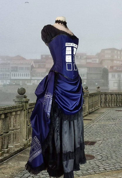 side view showing the victorian bustle and over bust steel boned corset of the Police Box Blue Tardis corset gown victorian style made in Australia made to measure