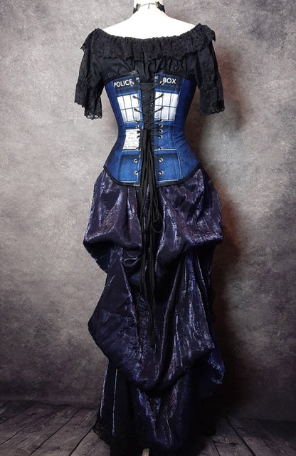 full length back view of the Police Box over bust corset made for Dr Who tv series fans, made in Australia