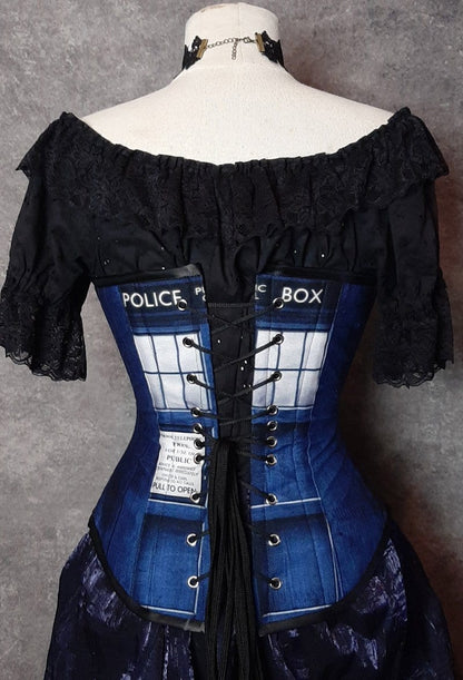 back view showing lacing and second print of the Police Box digital print on the new Police Box corset