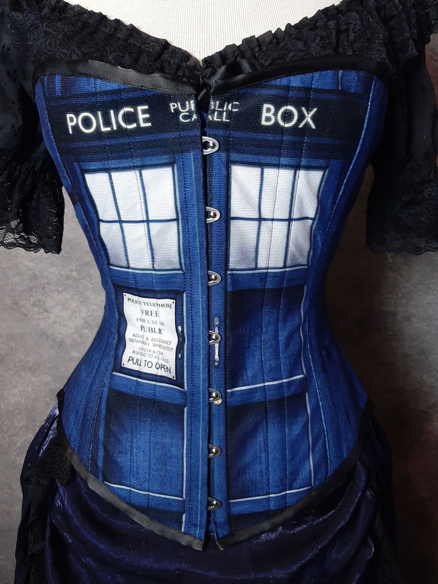 close up of the new Police Box Whovian fandom corset made in Australia
