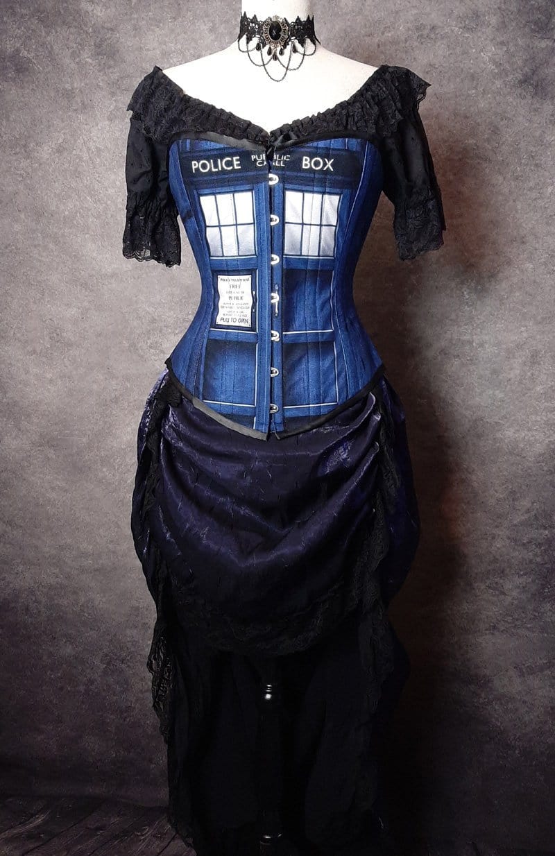 full length front view of the Police Box corset made in Australia for Whovian, Dr Who fans