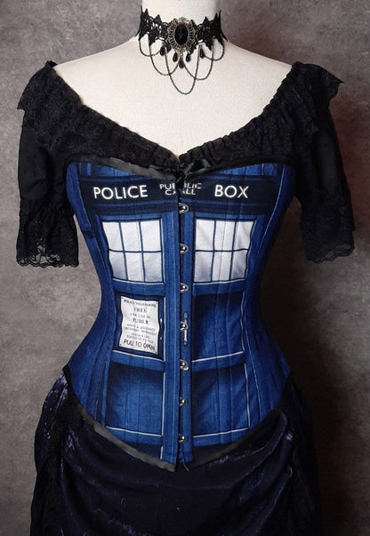 front view close up of the new Police Box Whovian fandom corset made in Australia