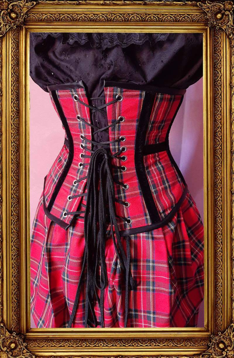 back view of the black velvet trimmed red stewart tartan under bust victorian corset