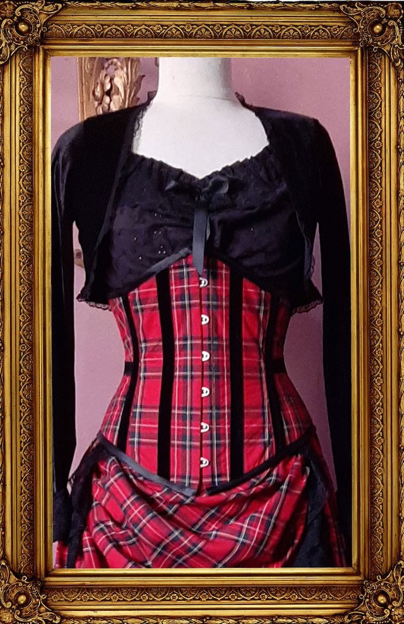 front view of the black velvet trimmed red stewart tartan under bust victorian corset