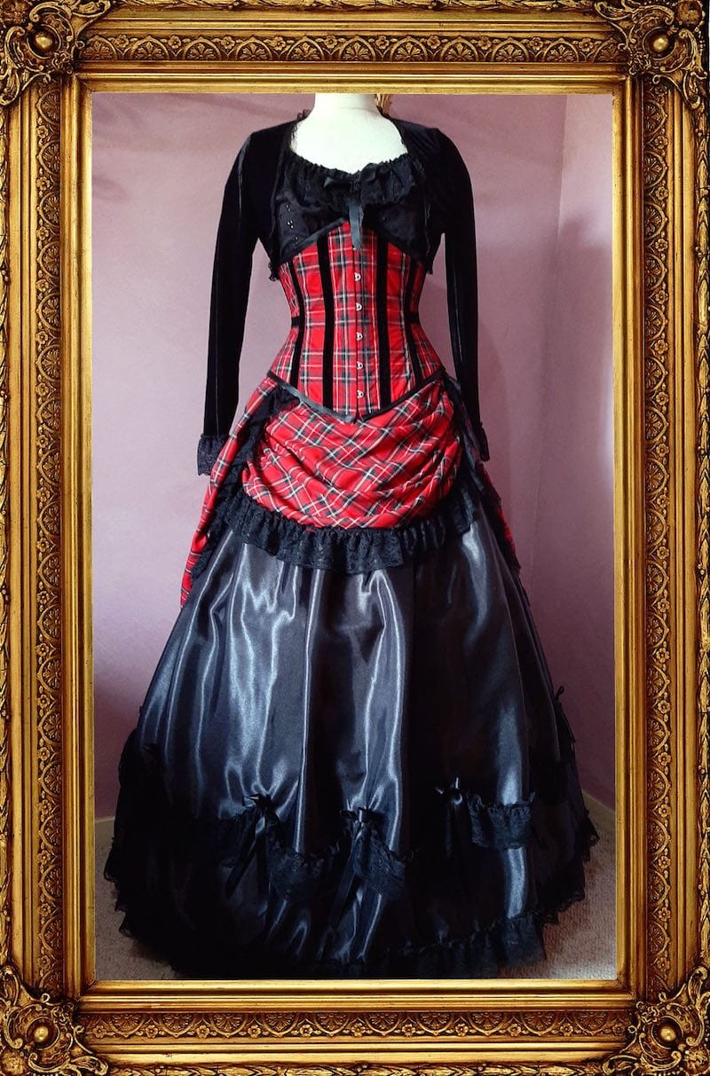 front view of the victorian punk corset ball gown in red stewart tartan fabric