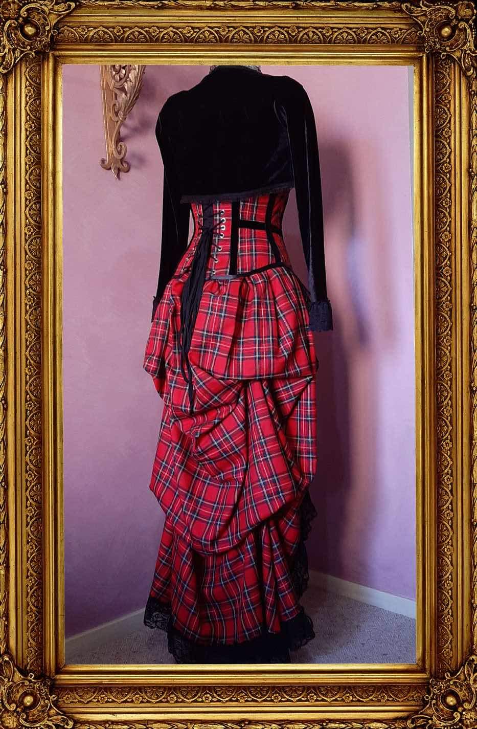 red stewart tartan victorian bustle skirt with matching corset and black bolero shown from the back view