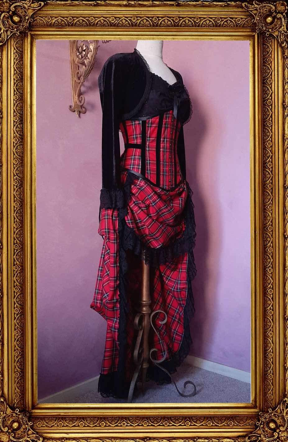 side front view of the red stewart tartan victorian bustle skirt and matching steel boned corset, made to order in Australia