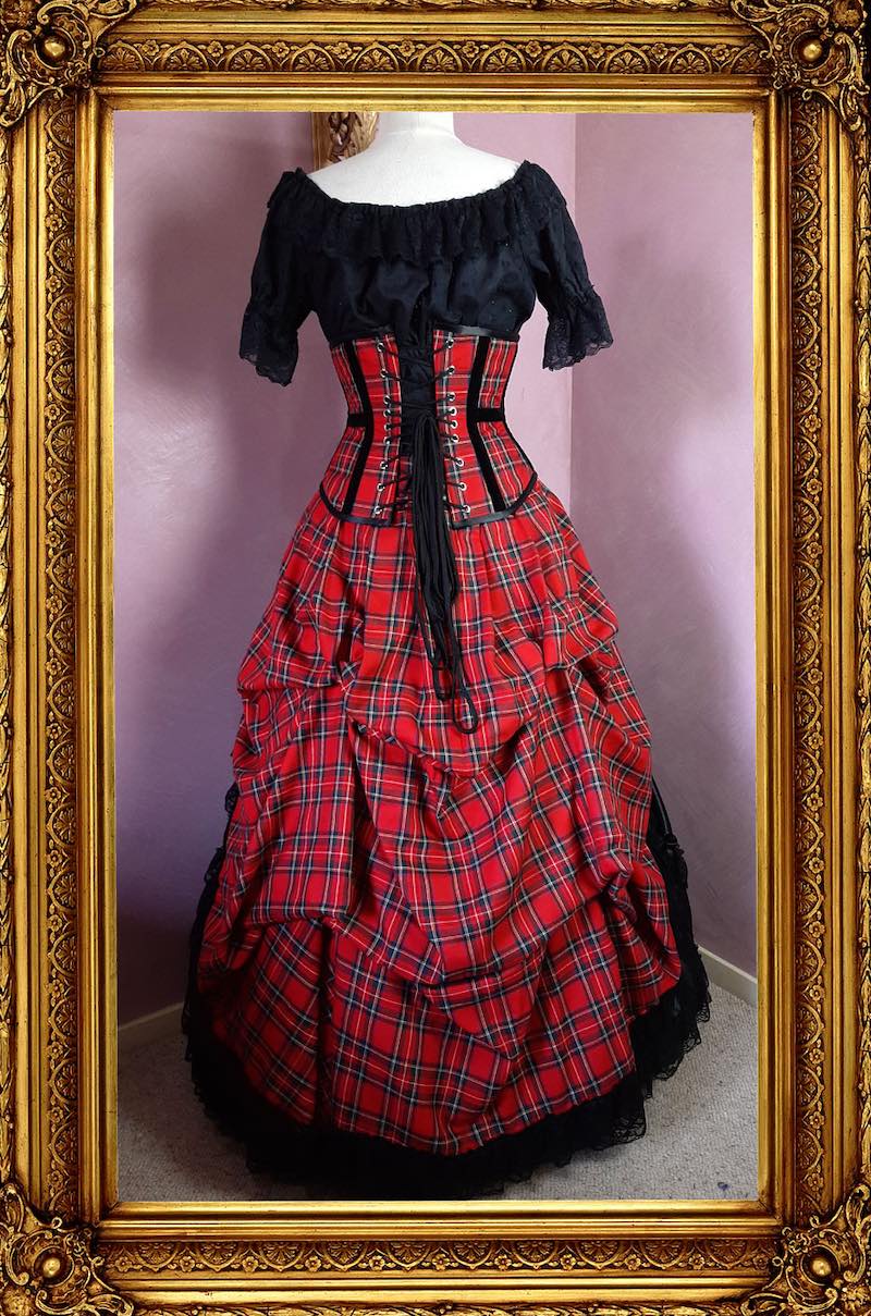 back view of the victorian punk corset ball gown in red stewart tartan fabric