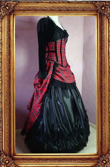 side view of the victorian punk corset ball gown in red stewart tartan fabric