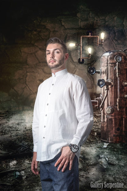steampunk model in steampunk setting with copper still wearing the timeless victorian era men's shirt in 100% white cotton true to the design and pattern of the old west era late 1800s
