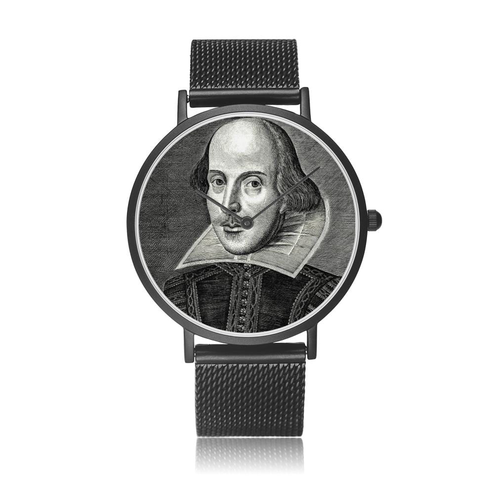 front view of the Shakespeare digital printed 8mm thick stainless steel watch, water resistant in black