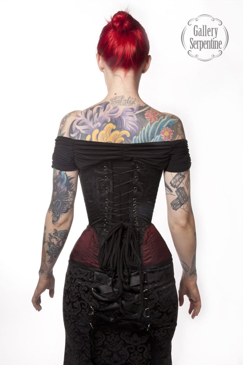 back view of the gothic victorian and steampunk over bust steel boned corset made to measure by corset makers for Gallery Serpentine clients