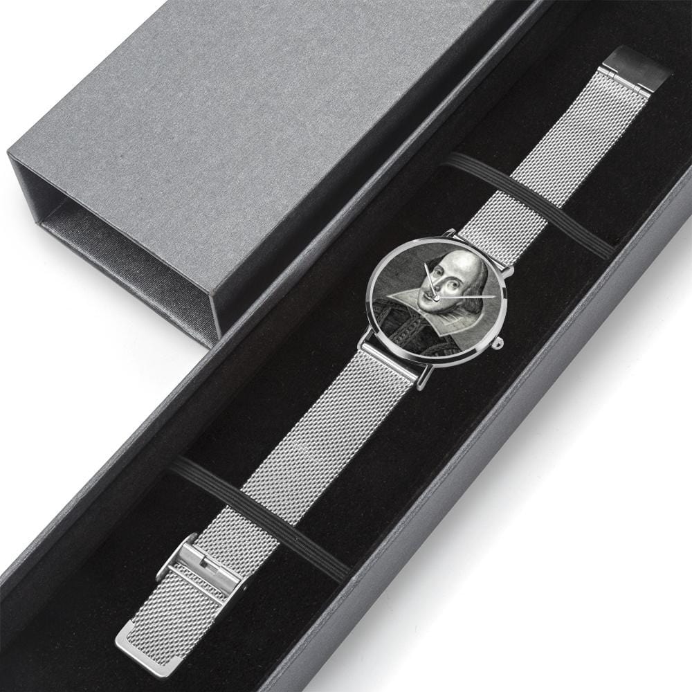 showing it in a nice gift box is the Shakespeare digital printed 8mm thick stainless steel watch, water resistant in silver colour
