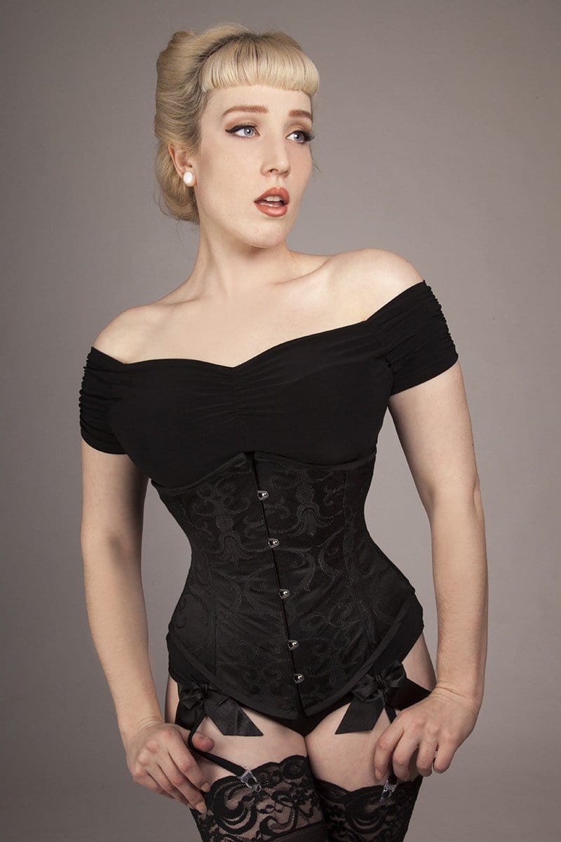 Under bust Victorian Corset, steel boned, black brocade, available now in most sizes
