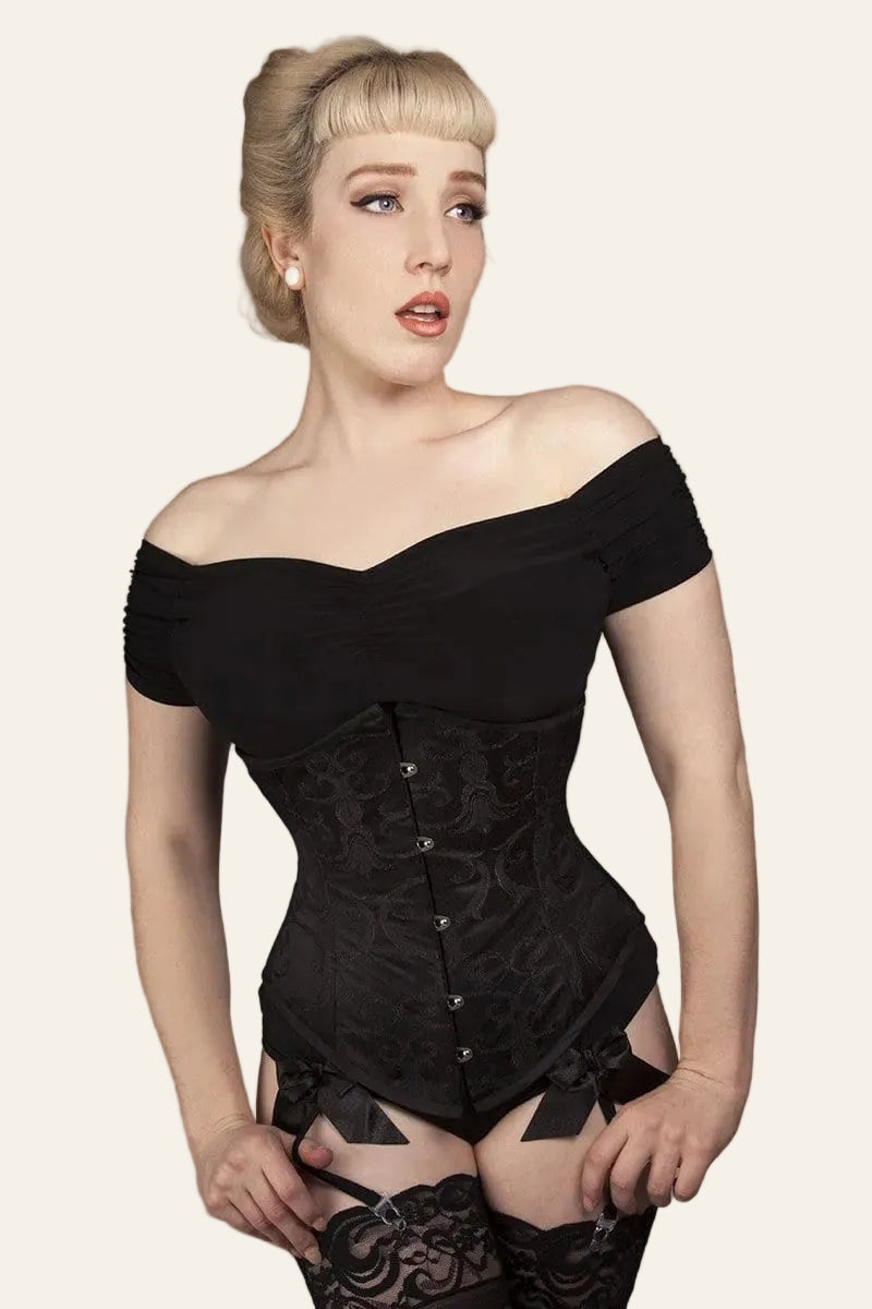 Under bust Victorian Corset, steel boned, black brocade, available now in most sizes
