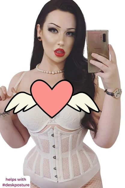 gothic pin up model tinuvielayla wearing the Undercover Angel corset for work from home desk posture
