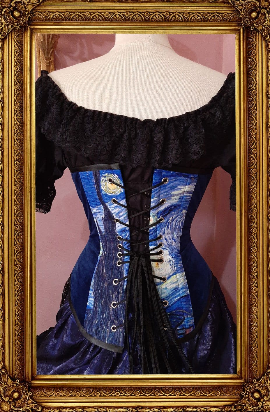 full back view showing lacing of the blue toned Tardis and Starry Night Van Gogh over bust corset made in Australia Gallery Serpentine Corsetry