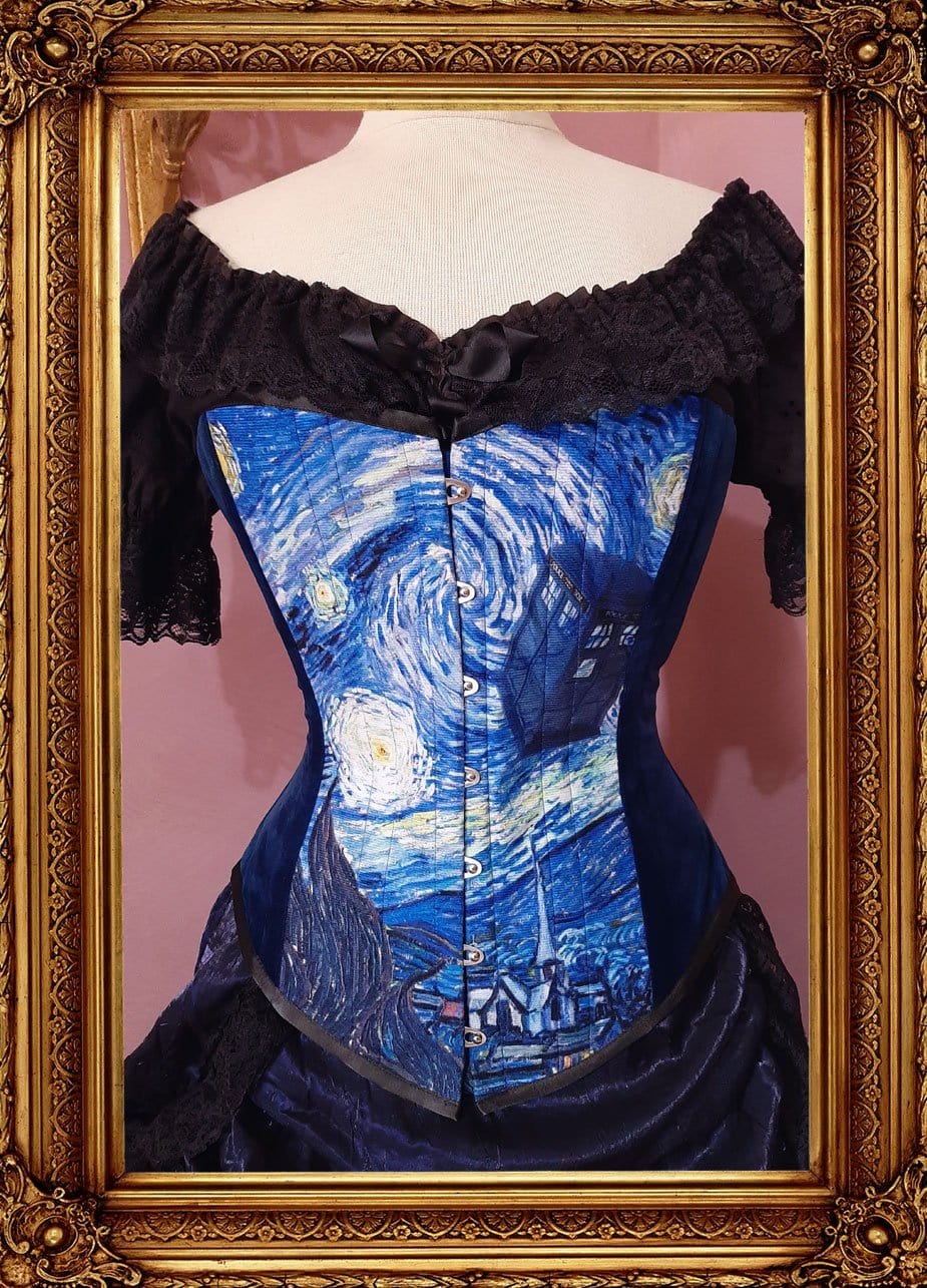 full front view of the Tardis and Starry Night Van Gogh over bust corset made in Australia Gallery Serpentine Corsetry