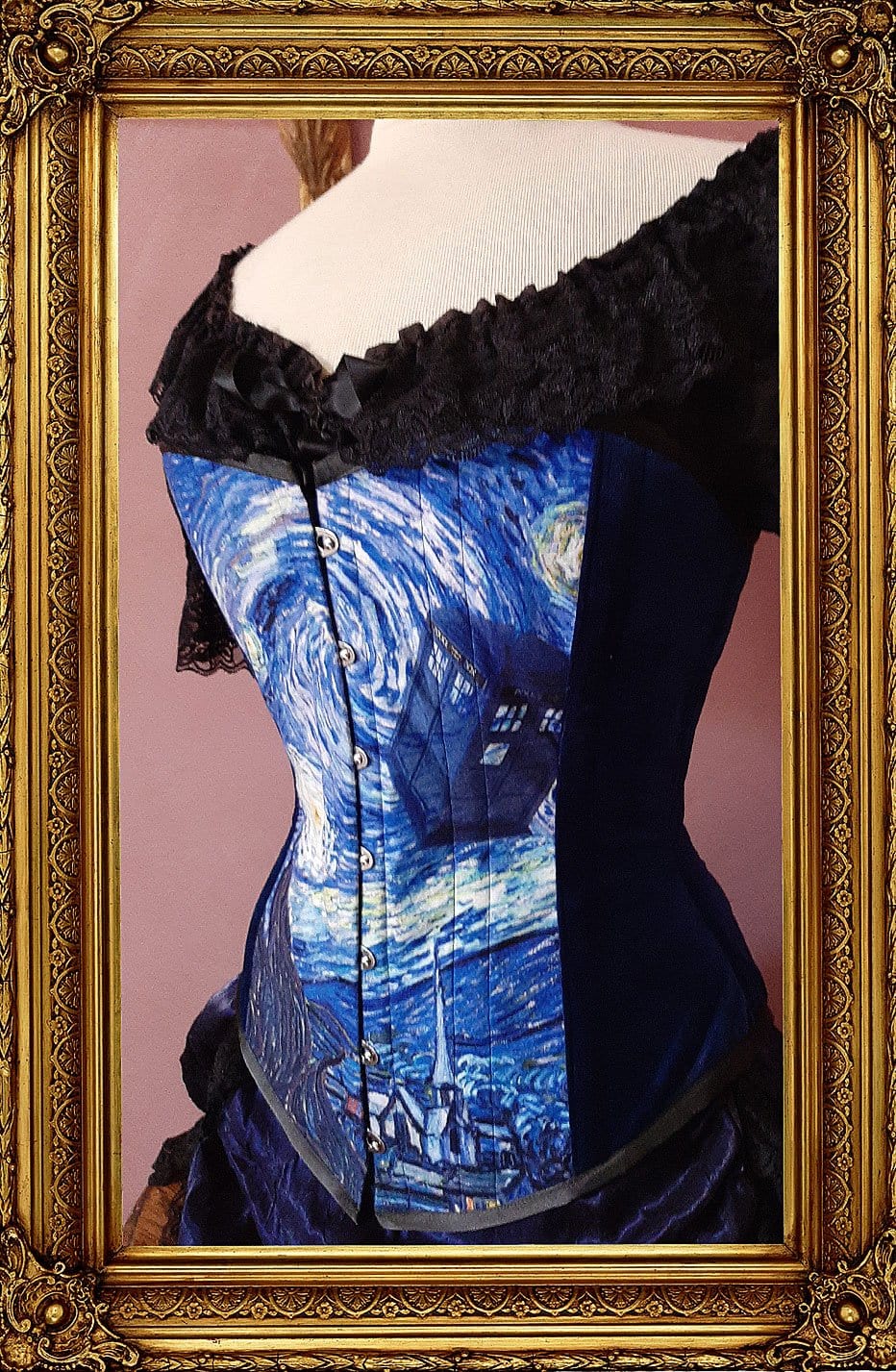 Tardis and Starry Night Van Gogh over bust corset made in Australia Gallery Serpentine Corsetry