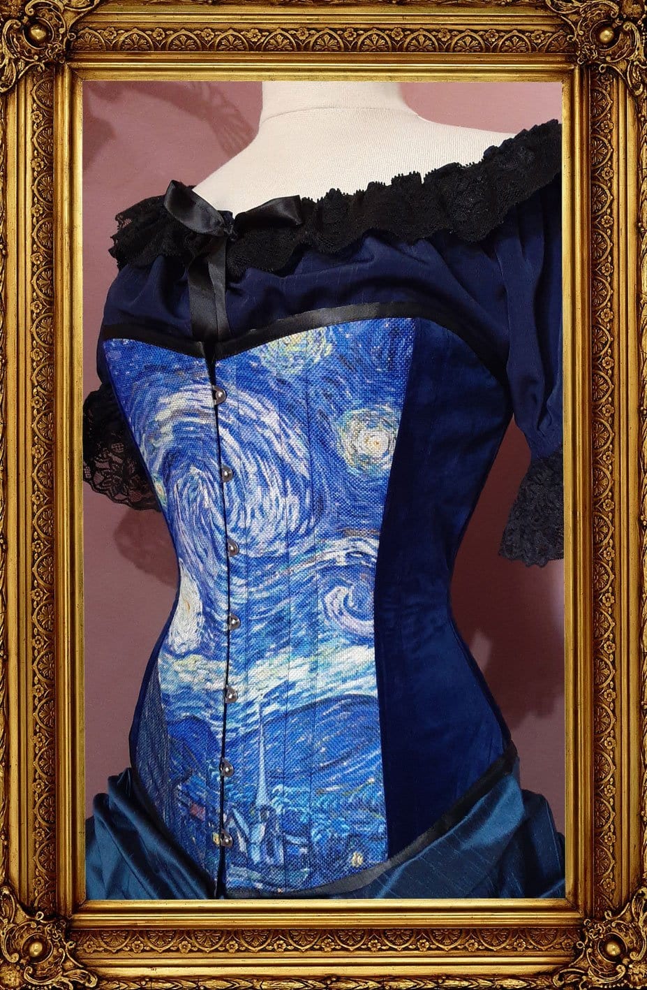 side front view of the new van gogh starry night print on an over bust steel boned corset made in Australia
