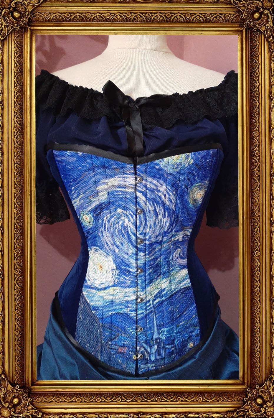 van gogh starry night print on an over bust steel boned corset made in Australia