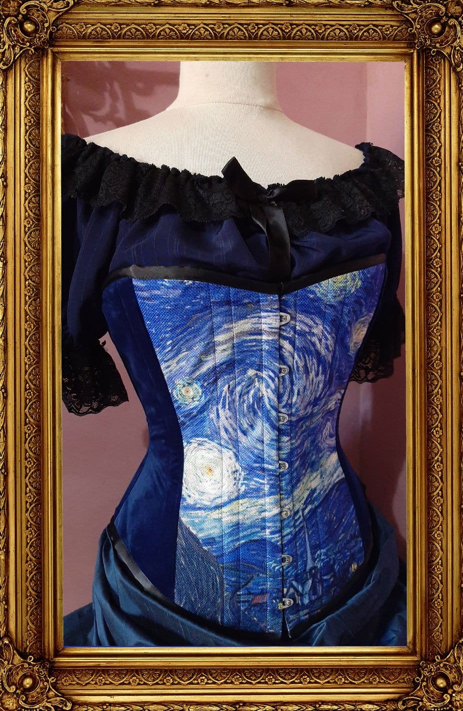 soft side front view showing dark blue velvet on side panels in the new van gogh starry night corset