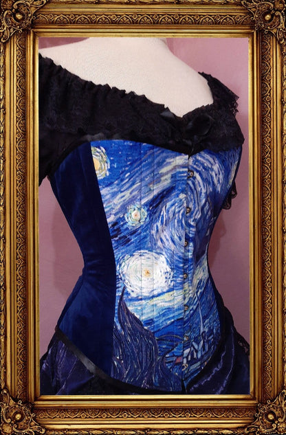 side front view of the steel boned Tardis and Starry Night Van Gogh over bust corset made in Australia Gallery Serpentine Corsetry