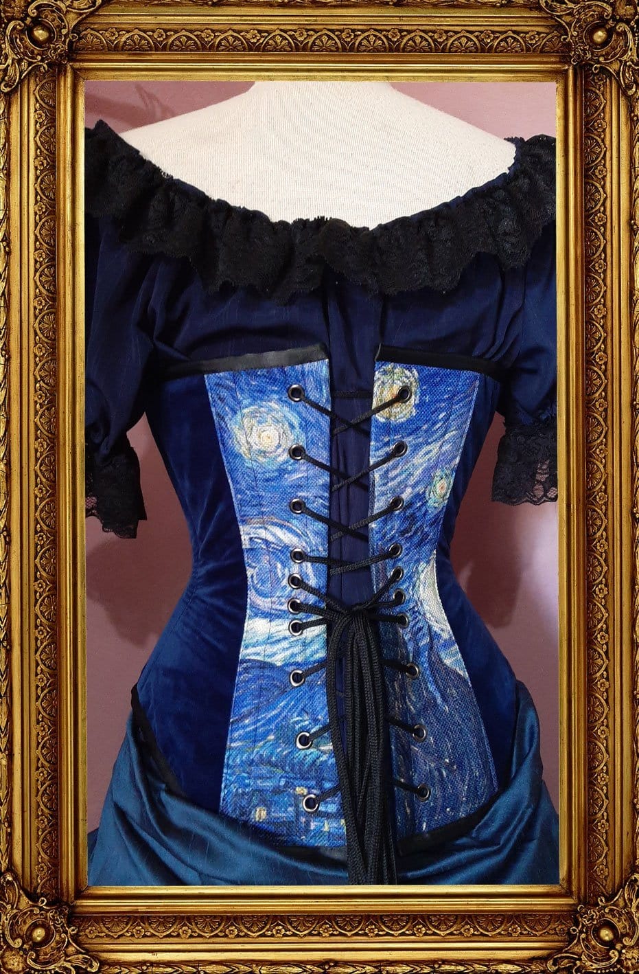 back view showing corset lacing of the van gogh starry night print on an over bust steel boned corset made in Australia