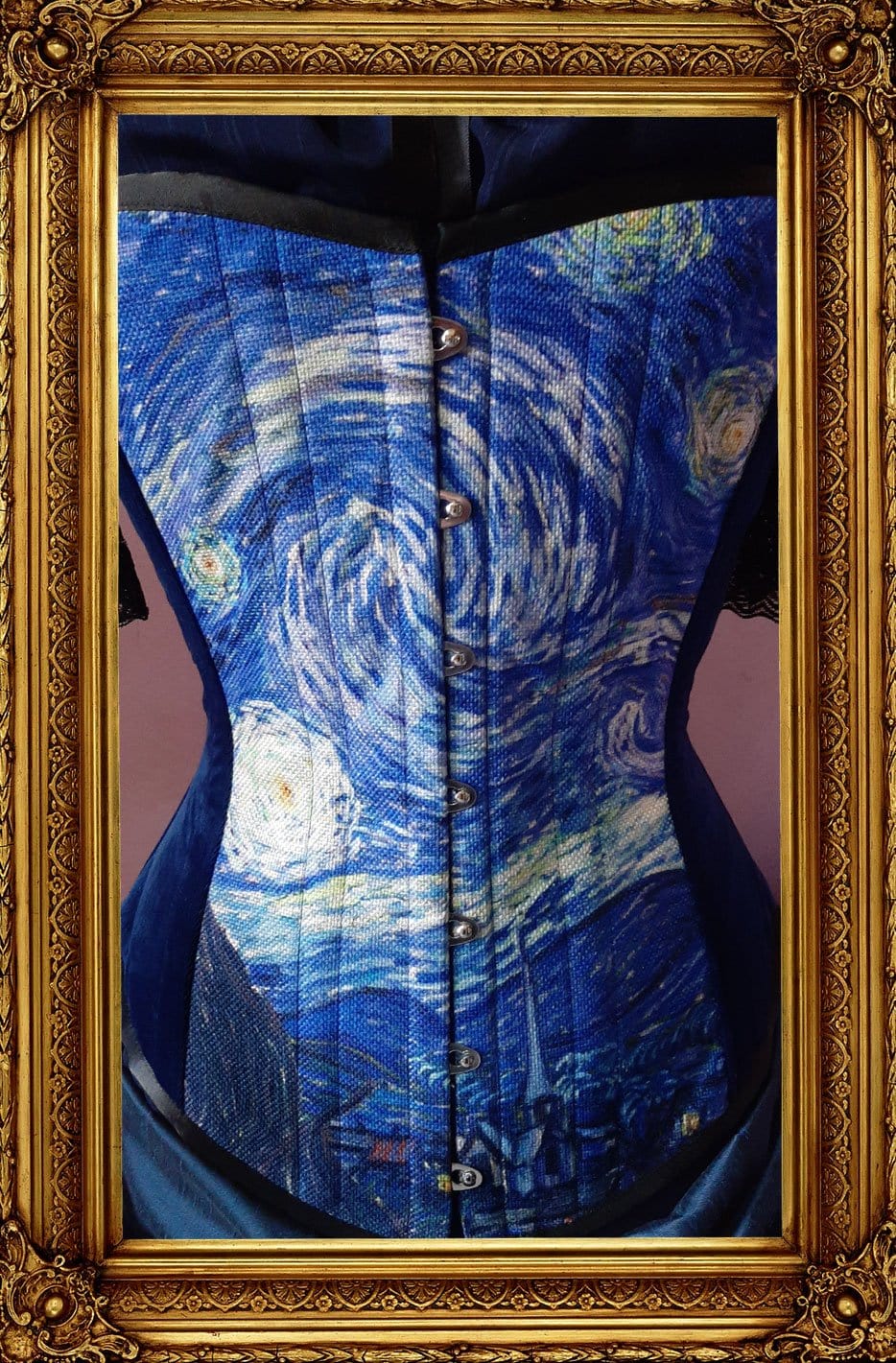 close up on the front of the van gogh starry night print on an over bust steel boned corset made in Australia