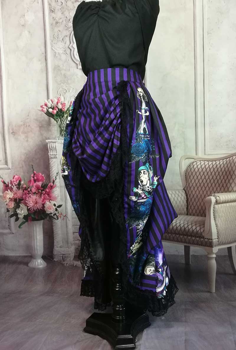 purple and black striped victorian bustle skirt featuring the characters from Alice in Wonderland, for wearing with a corset, made in Australia