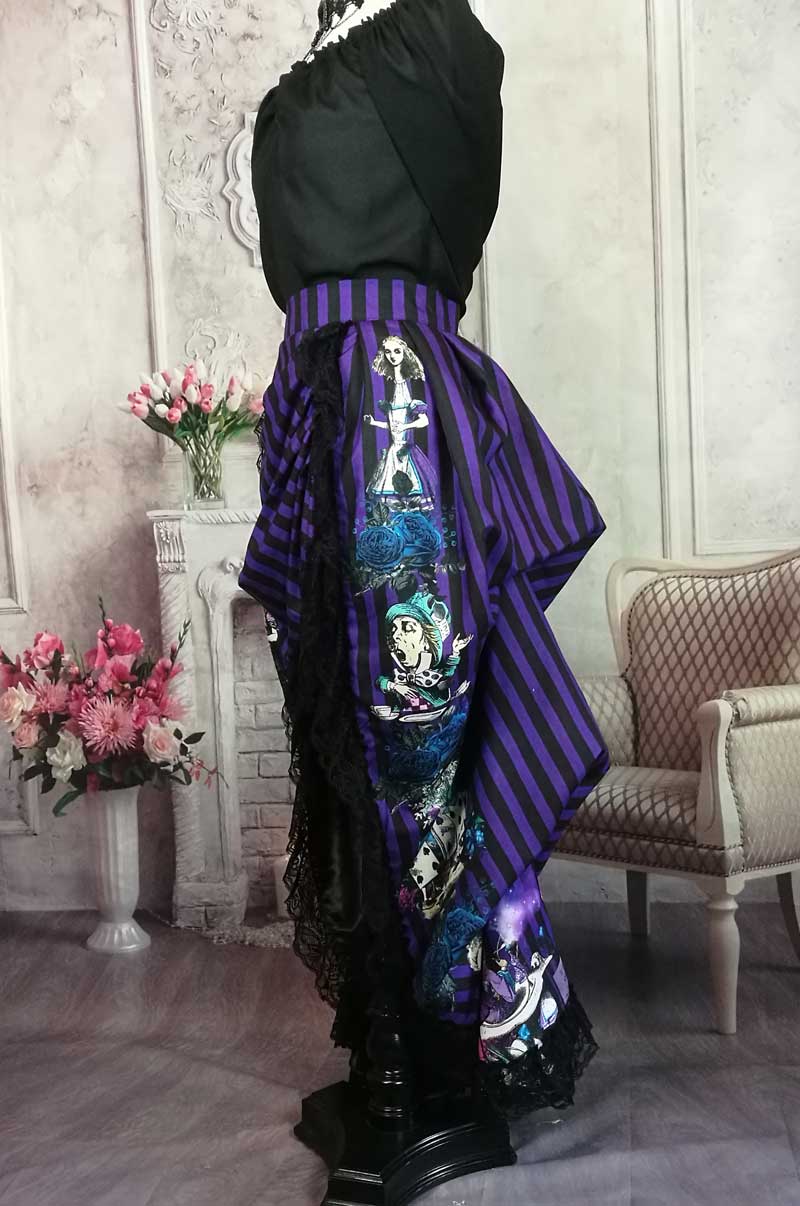 side view of the purple and black striped victorian bustle skirt featuring the characters from Alice in Wonderland, for wearing with a corset, made in Australia