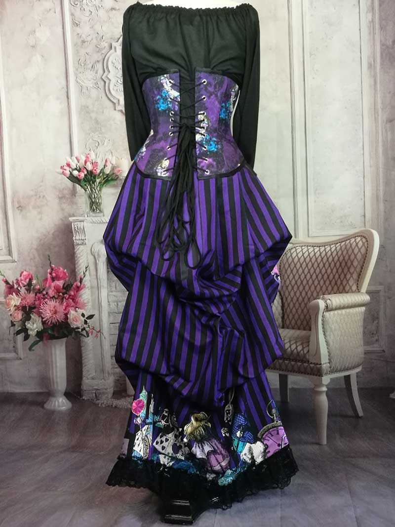 back view of the purple and black striped victorian bustle skirt featuring the characters from Alice in Wonderland, for wearing with a corset, made in Australia, shown with the matching corset