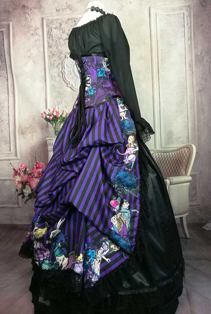 purple and black striped victorian bustle skirt featuring the characters from Alice in Wonderland, for wearing with a corset, made in Australia, shown with the matching corset and worn over a boned petticoat