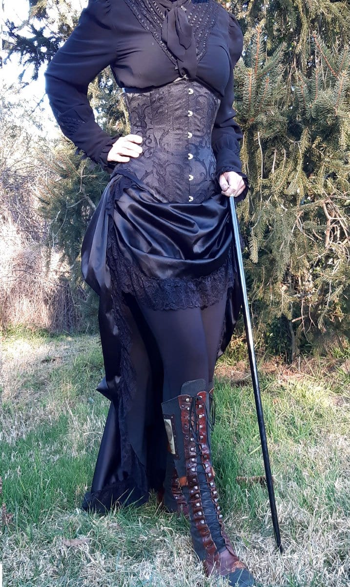 gothic victorian black sateen lace trimmed high low bustle skirt with adjustable waist sizing made in Australia for Gallery Serpentine