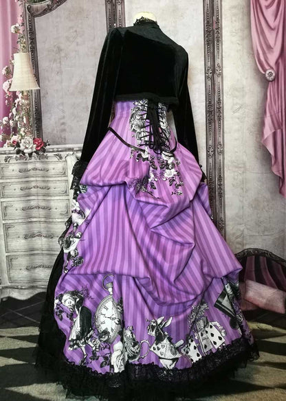 view over a boned petticoat of the Violet coloured custom printed and made Alice in Wonderland fabric made into a steel boned under bust corset and matching  Victorian high low bustle skirt
