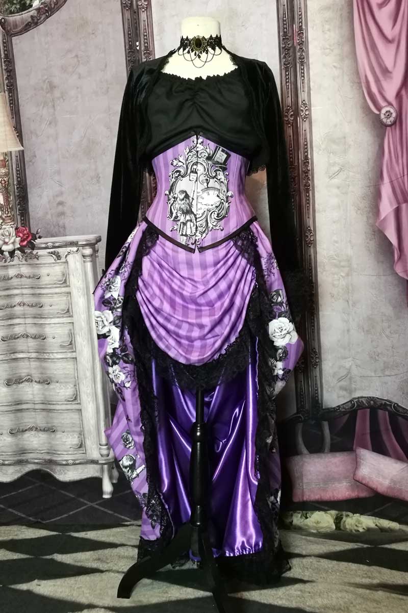Violet coloured custom printed and made Alice in Wonderland fabric made into a steel boned under bust corset and matching  Victorian high low bustle skirt