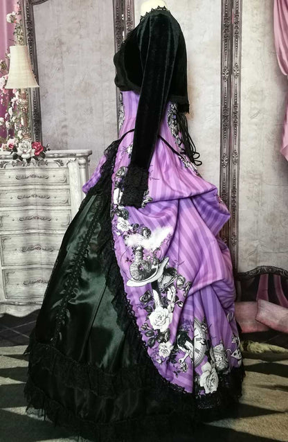 side view of the Violet coloured custom printed and made Alice in Wonderland fabric made into a steel boned under bust corset and matching  Victorian high low bustle skirt worn with a boned petticoat and black satin under skirt